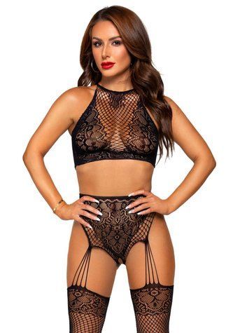 Еротичний комплект Leg Avenue Crop top and garter panty Black, топ, трусики з доступом, панчохи - фото товару 1