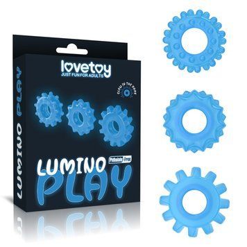 Кільця для пеніса ерекційні блакитні Lovetoy Lumino Play 3 штуки - фото товару 1