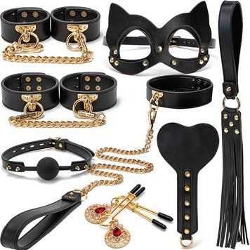 Набор для секса БДСМ черного цвета Vscnovelty Golden leather bondage Kit 8 предметов, Черный - 1