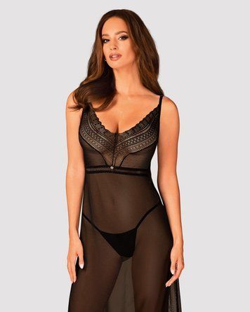 Полупрозрачная длинная сорочка Obsessive Estiqua chemise XS/S, черный, ассиметричный крой &mdash;  фото товара 1