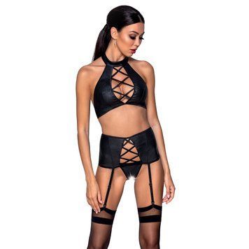 Комплект из эко-кожи с имитацией шнуровки Nancy Set black XXL/XXXL - Passion топ, трусики и пояс для, Черный - 1