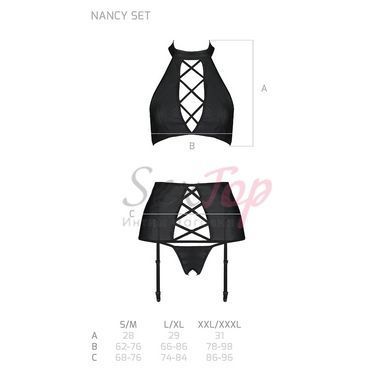 Комплект з еко-шкіри імітація шнурівки Passion NANCY SET XXL/XXXL black топ трусики пояс для панчіх, Черный - 5