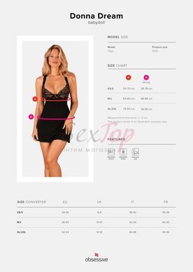 Сорочка бебі-дол з мереживом на грудях Obsessive Donna Dream babydoll M/L Black, стрінги - фото товару 5