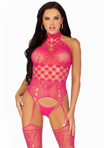 Кружевной бодистокинг с открытым доступом Leg Avenue High neck lace bodystocking One size Raspberry &mdash;  фото товара 1
