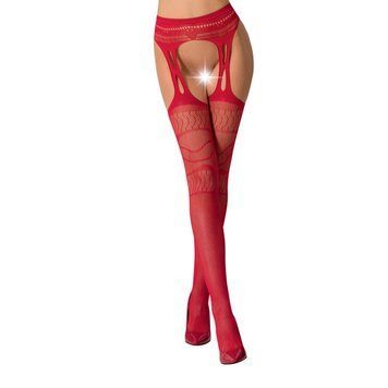 Эротические колготки-бодистокинг Passion S020 red, имитация ажурных чулок с высоким поясом, Красный - 1