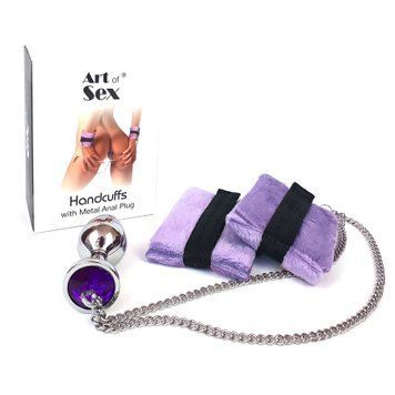 Наручники з металевою анальною пробкою Art of Sex Handcuffs with Metal Anal Plug size M Purple,  - 1