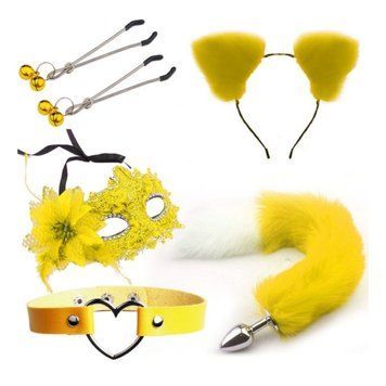 Комплект для сексуальних ігор БДСМ Sexy Cat Ears Fox Tail Cosplay Sex Party Accessories жовтий, Жовтий - 1