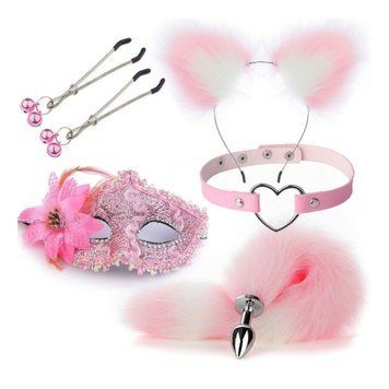 Набір для сексуальних ігор БДСМ Sexy Cat Ears Fox Tail Cosplay Sex Party Accessories рожевий, Рожевий - 1
