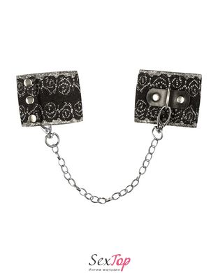 Широкие наручники с блестками и цепью Obsessive A747 cuffs, черно-серебряные SO7192 фото