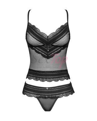 Напівпрозорий набір з прикрасами Obsessive Ivannes top & thong L/XL, чорний, топ та танга - фото товару 5