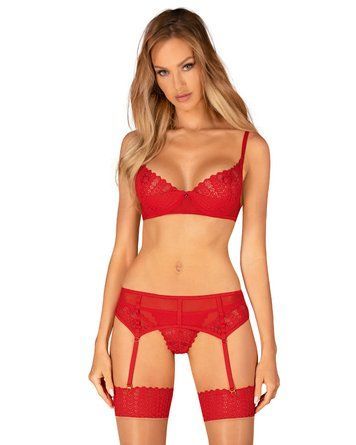 Комплект Obsessive Ingridia 3-pcs set XS/S, червоний, бюстгальтер, стрінги, пояс - фото товару 1