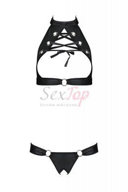 Комплект из экокожи Passion Malwia Set with Open Bra 4XL/5XL black, топ и трусики с люверсами,  - 3