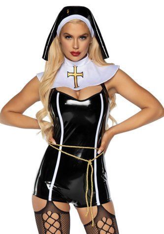 Виниловый костюм монашки Leg Avenue Sinful Sister L, комбинезон, воротник, пояс, головной убор &mdash;  фото товара 1
