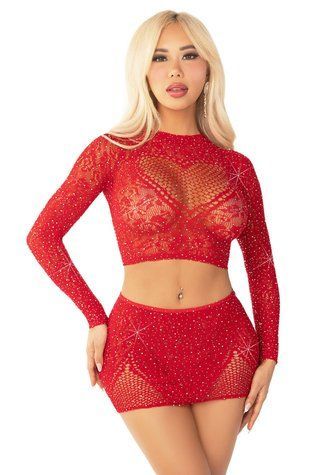 Комплект Leg Avenue Rhinestone Crop Top and Mini Skirt One Size, Red &mdash;  фото товара 1