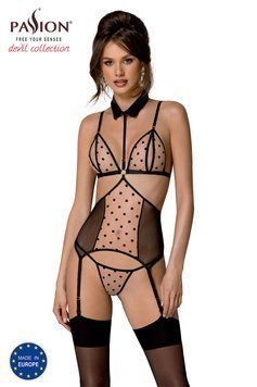 Корсет с открытой грудью Passion DOMINICA CORSET S/M beige, пажи для чулок, стринги,  - 1