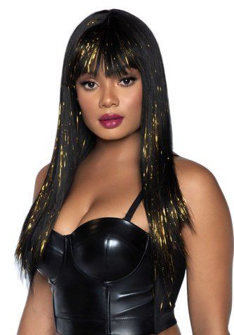 Чорна перука із золотими пасмами Leg Avenue Long bang wig with tinsel, 60 см - фото товару 1