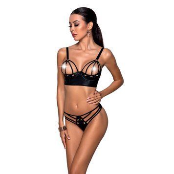 Комплект из эко-кожи с люверсами и ремешками Malwia Bikini black S/M &mdash; Passion, бра и трусики, Черный - 1