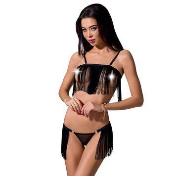 Комплект белья KASSANDRA SET OpenBra black L/XL - Passion Exclusive: лиф из бахромы, трусики-юбка,  - 1