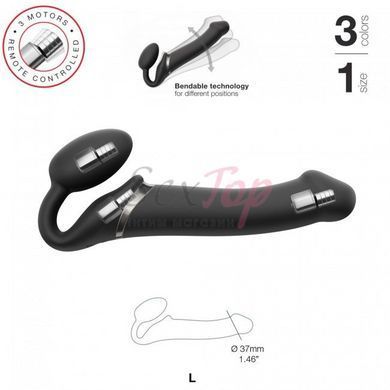 Безремневой страпон с вибрацией Strap-On-Me Vibrating Black L, диаметр 3,7см, пульт ДУ, регулируемый &mdash;  фото товара 2