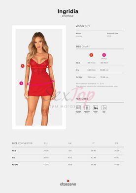 Пеньюар Obsessive Ingridia chemise & thong XL/2XL, червоний, сорочка, стрінги - фото товару 5