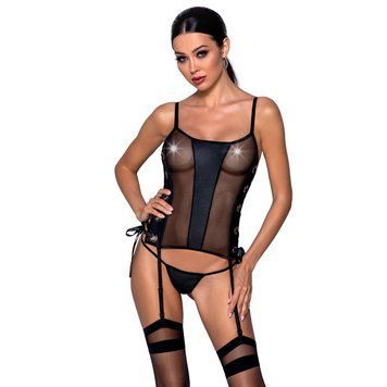 Сетчатый корсет из эко-кожи, с люверсами и съемными пажами Malwia Corset black S/M &mdash; Passion, стринг, Черный - 1