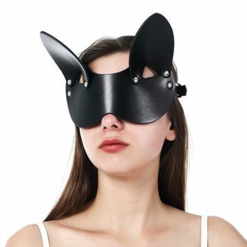 Маска на очі зі штучної шкіри з вушками Kitty Bondage Mask чорного кольору, Черный - 1