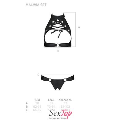 Комплект: открытый топ и трусики из эко-кожи с люверсами Malwia Set with Open Bra black L/XL — Passi SO5768 фото