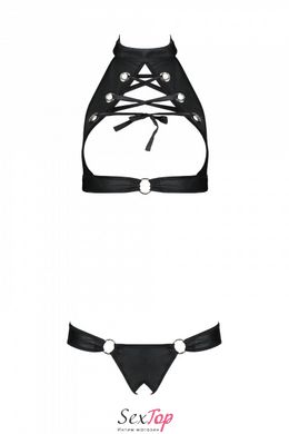 Комплект: открытый топ и трусики из эко-кожи с люверсами Malwia Set with Open Bra black S/M — Passio SO5769 фото