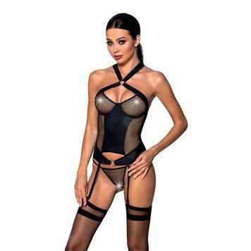 Сетчатый комплект корсет с халтером, съемные подвязки и трусики Amanda Corset black S/M - Passion, Черный - 1