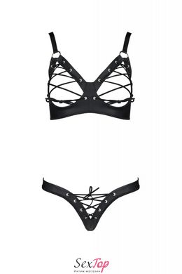 Комплект из экокожи Passion Celine Bikini 4XL/5XL black, открытый бра, стринги со шнуровкой SO7057 фото