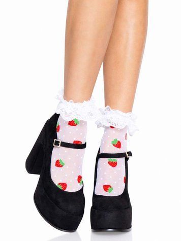 Шкарпетки жіночі з полуничним принтом Leg Avenue Strawberry ruffle top anklets One size, мереживні м - фото товару 1