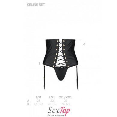 Пояс-корсет з екошкіри CELINE SET black S/M — Passion: шнурівка, знімні пажі для панчіх, стрінги SO6410 фото