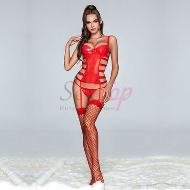 Корсет JSY "Вирджини" с мокрым эффектом One Size Red: ажурный декор, пажи, трусики, чулки &mdash;  фото товара 3