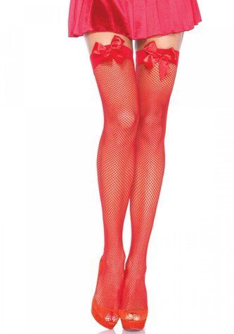 Панчохи-сітка з атласним бантиком Leg Avenue Fishnet Thigh Highs With Bow Red, one size - фото товару 1