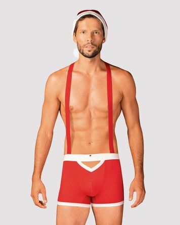Чоловічий еротичний костюм Санта-Клауса Obsessive Mr Claus L/XL, боксери на підтяжках, шапочка з пом - фото товару 1