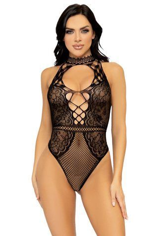 Leg Avenue Net and lace halter bodysuit OS Black &mdash;  фото товара 1