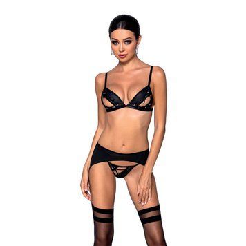 Комплект из эко-кожи Passion Miley Set black XXL/XXXL: трусики, бюстгальтер, пояс для чулок, Черный - 1