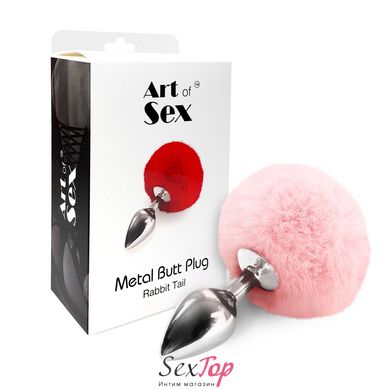 Металлическая анальная пробка М Art of Sex - Metal Butt plug Rabbit Tail, Нежно-розовый SO6692 фото