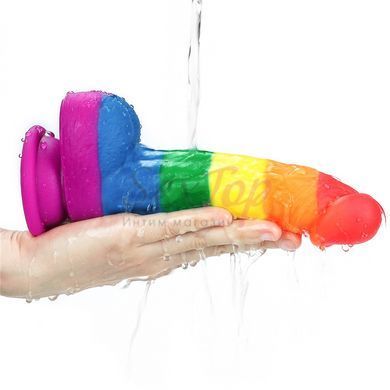 Фаллос силиконовый радуга реалистичный с мошонкой на присоске Lovetoy Prider, Разноцветный - 8