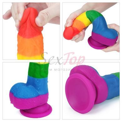 Фаллос силиконовый радуга реалистичный с мошонкой на присоске Lovetoy Prider, Разноцветный - 3