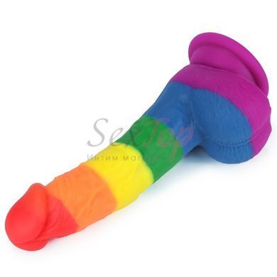 Фаллос силиконовый радуга реалистичный с мошонкой на присоске Lovetoy Prider, Разноцветный - 4