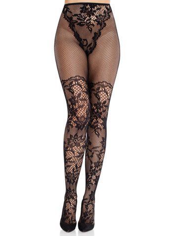 Колготки Leg Avenue Dahlia Lace Tights with Net Thigh Detail One Size &mdash;  фото товара 1
