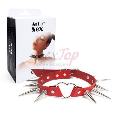 Чокер сердце с большими шипами, из натуральной кожи Art of Sex - Crystal, цвет Красный &mdash;  фото товара 5