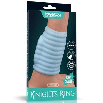 Вибронасадка на член ребристая голубого цвета Lovetoy Wave Knights &mdash;  фото товара 1