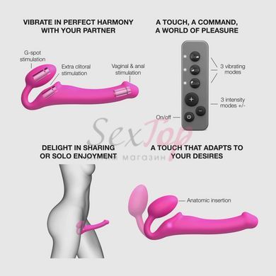 Безремневой страпон с вибрацией Strap-On-Me Vibrating Fuchsia XL, диам. 4,7см, пульт ДУ, регулируемый &mdash;  фото товара 3