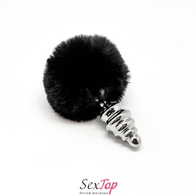 Металлическая анальная пробка Кроличий хвостик Alive Fluffy Twist Plug M Black, диаметр 3,4 см SO6309 фото
