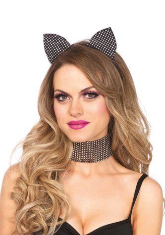 Набір кішечки зі стразами Leg Avenue Cat ear headband & choker set, широкий чокер та вушка - фото товару 1