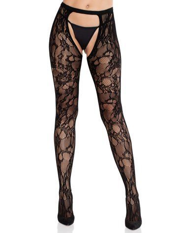 Колготки Leg Avenue Rose Lace Crotchless Tights with Open One Size Black &mdash;  фото товара 1