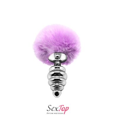 Металева анальна пробка Кролячий хвостик Alive Fluffy Twist Plug M Purple, діаметр 3,4 см SO6308 фото