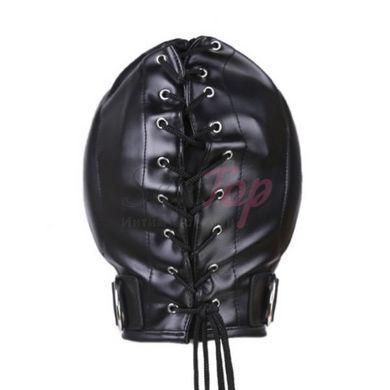 Закрита маска на голову з розрізами на очах шкіряна чорна Bdsm4u - фото товару 3